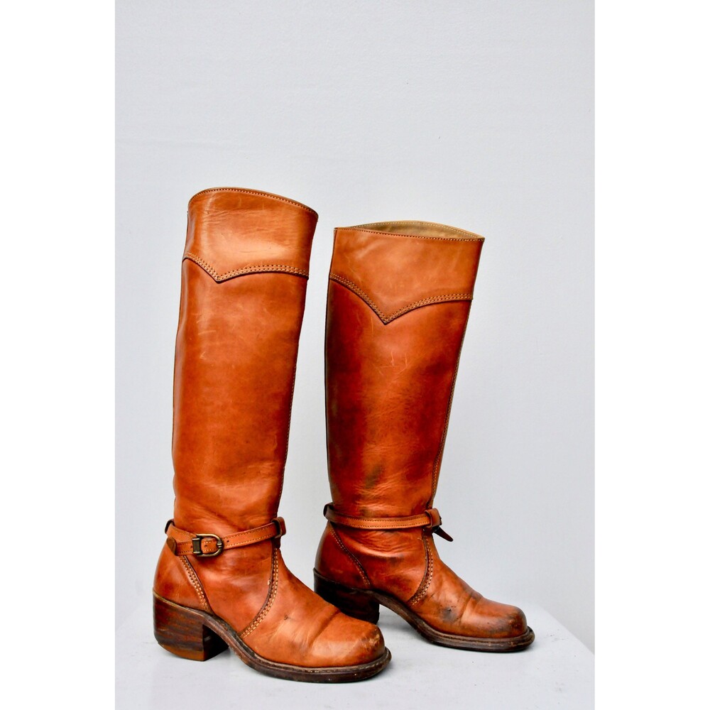 Vintage 70s Leather Tall Distressed Boots - Campus Stacked Heel US 5 - 5.5 - Picture 6 of 10